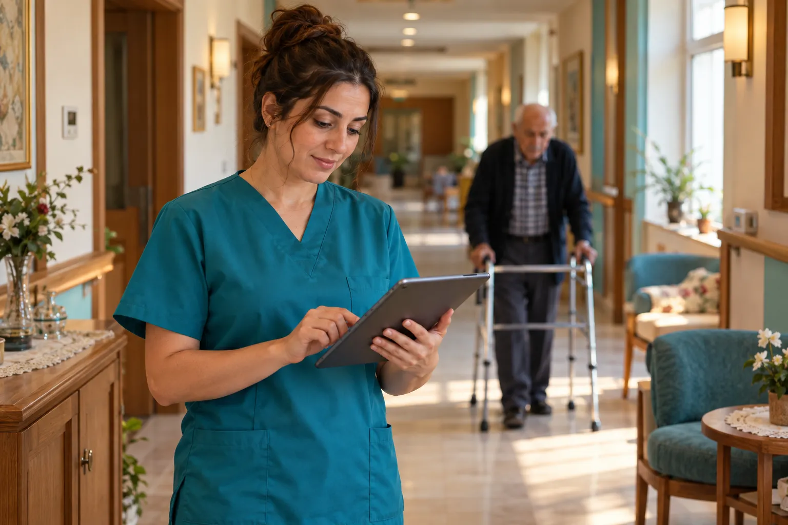 Hemşire koridorda tablet üzerinden sakin kaydını güncelliyor